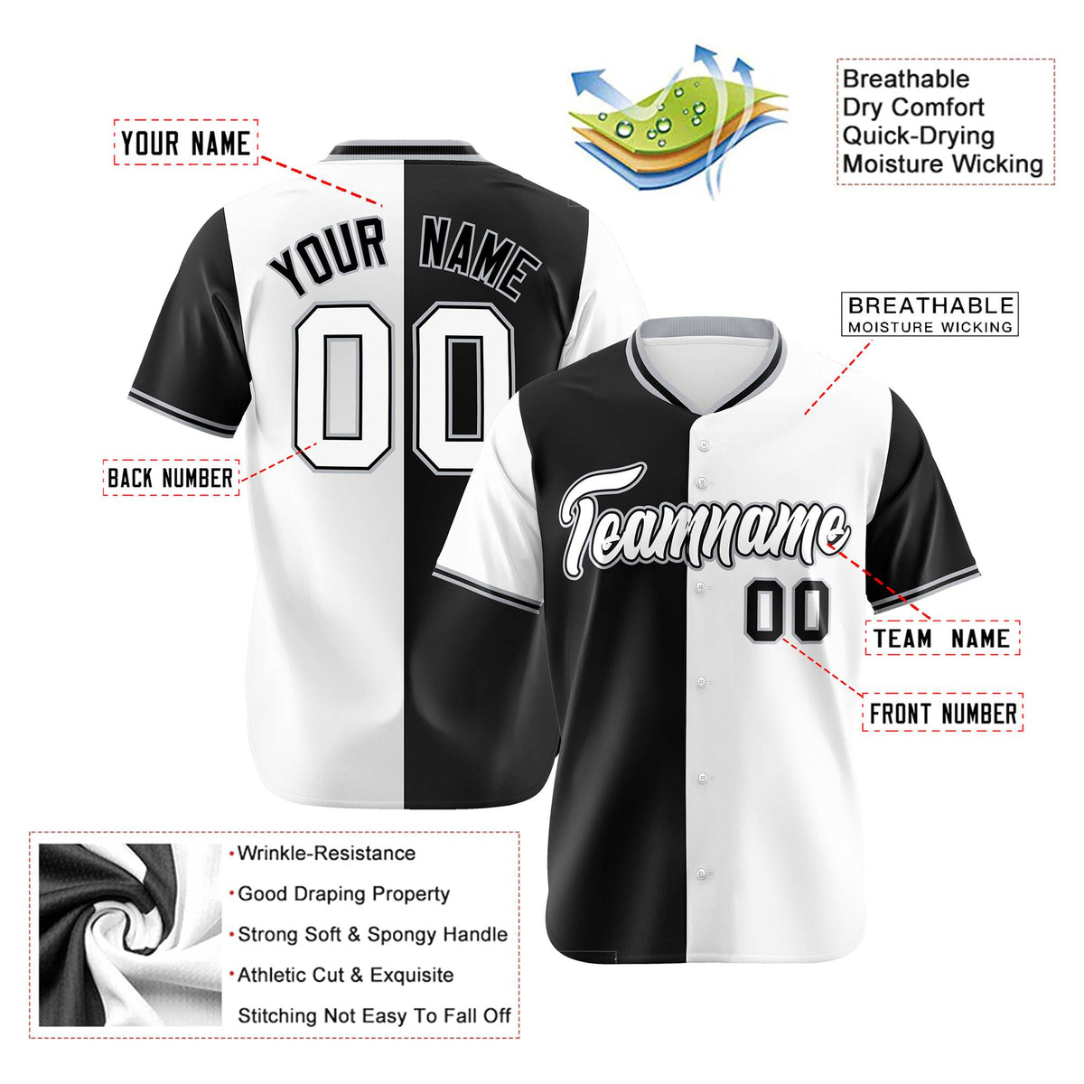 Custom Black White Authentic Split Fashion Baseball Jersey