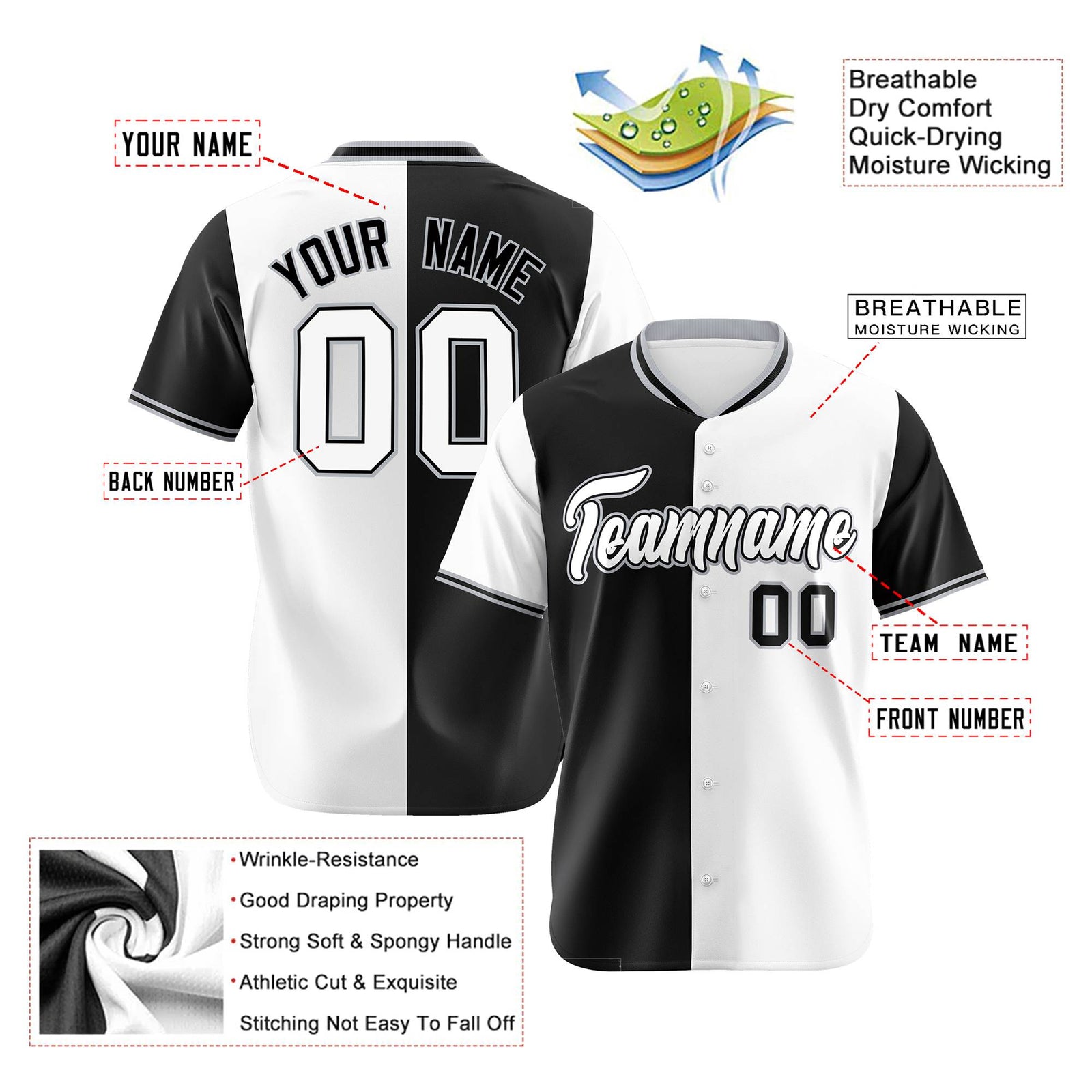 Custom Black White Authentic Split Fashion Baseball Jersey