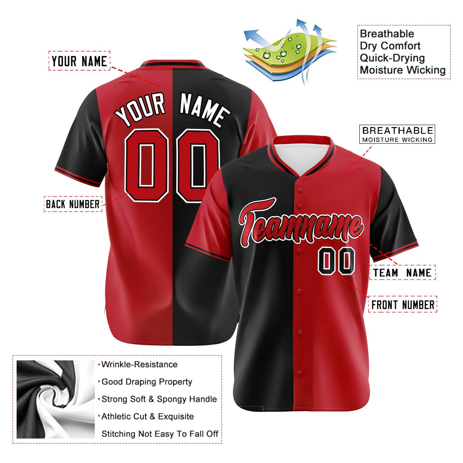 Custom Black Red Authentic Split Fashion Baseball Jersey