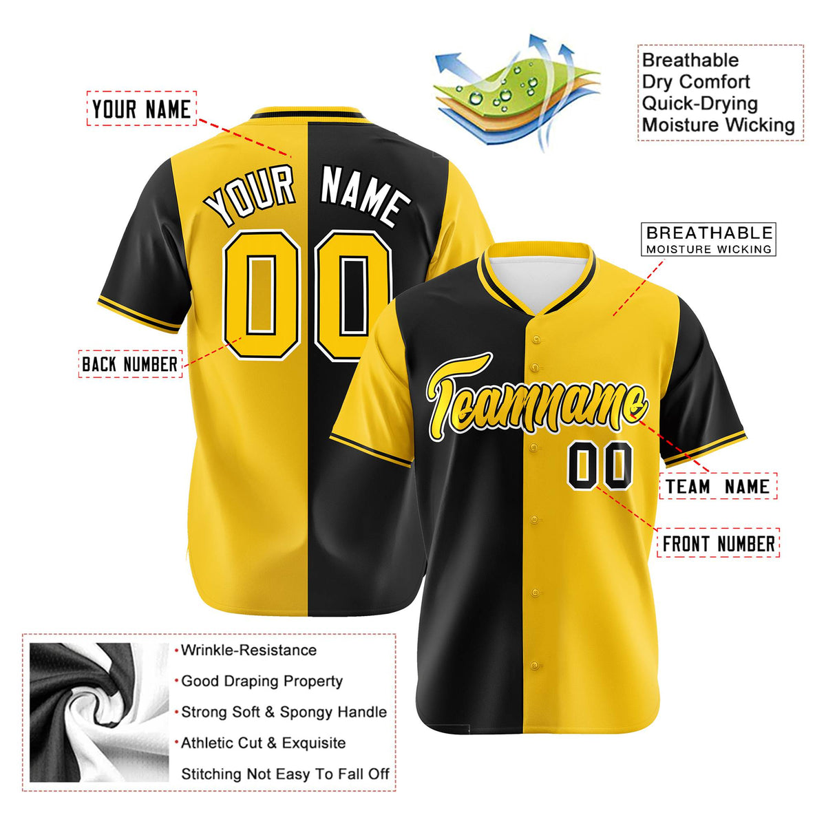 Custom Black Yellow Authentic Split Fashion Baseball Jersey