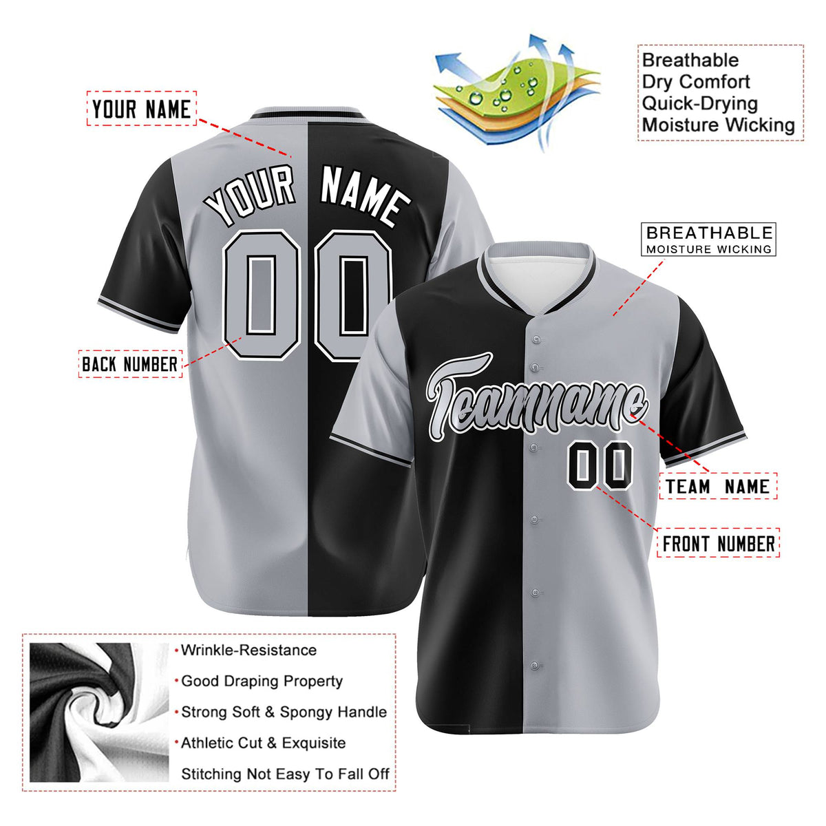 Custom Black Gray Authentic Split Fashion Baseball Jersey
