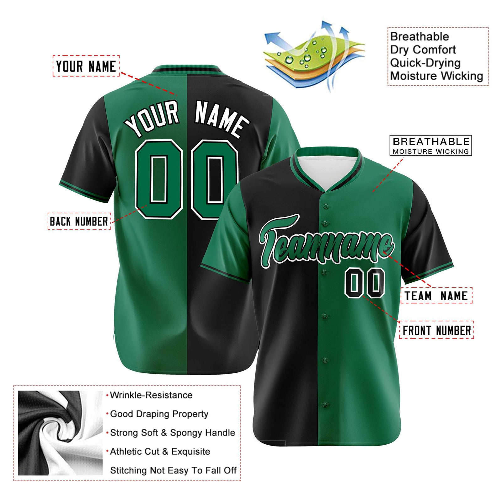 Custom Black Kelly Green Authentic Split Fashion Baseball Jersey