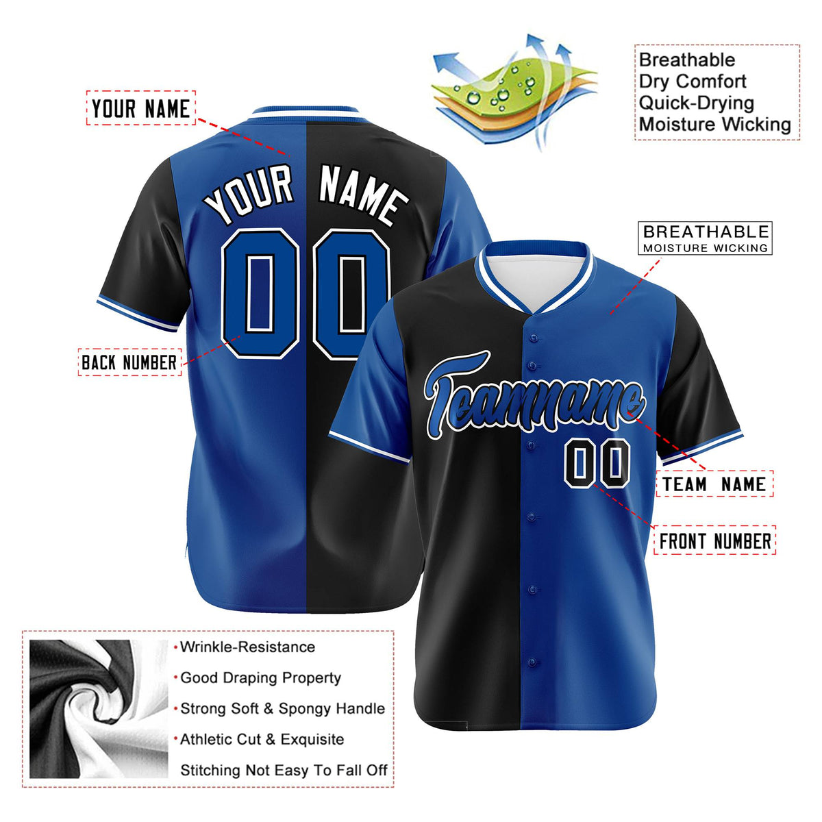 Custom Black Royal Blue Authentic Split Fashion Baseball Jersey