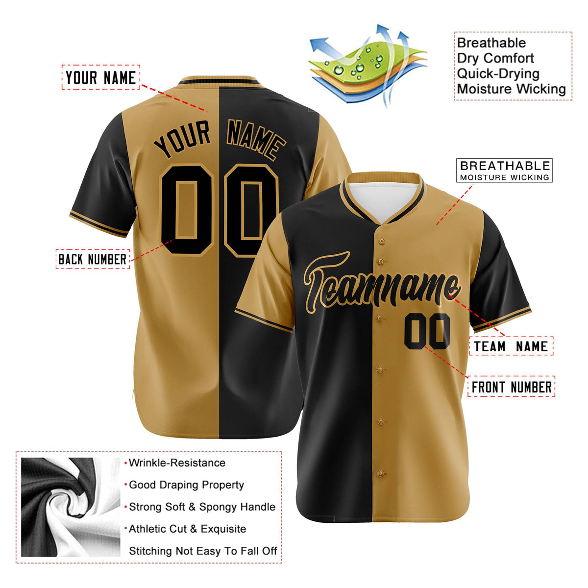 Custom Black Old Gold Authentic Split Fashion Baseball Jersey