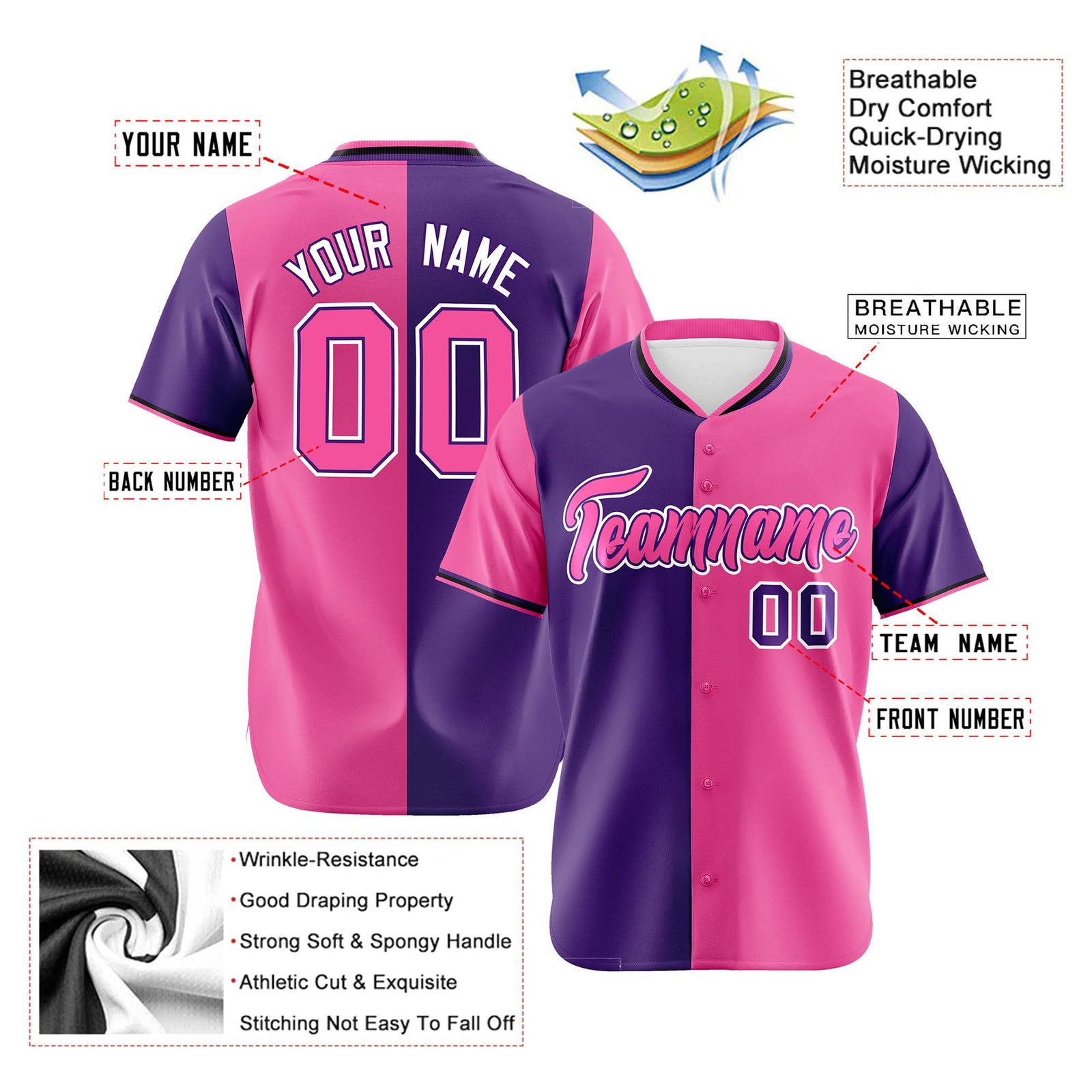 Custom Purple Pink Authentic Split Fashion Baseball Jersey