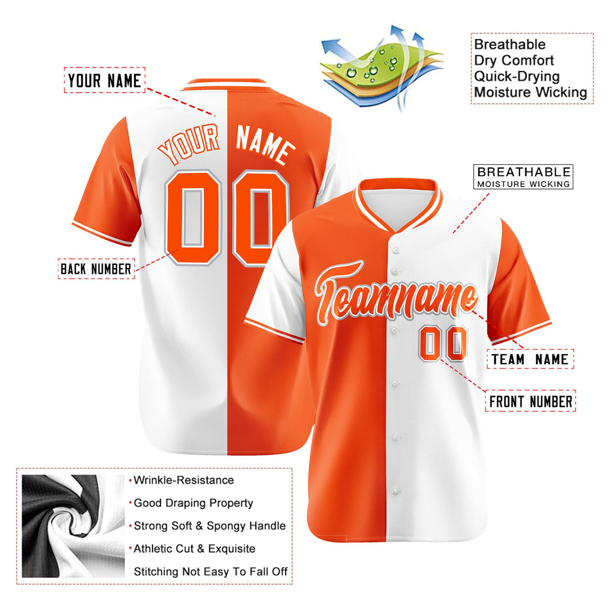 Custom Orange White Authentic Split Fashion Baseball Jersey