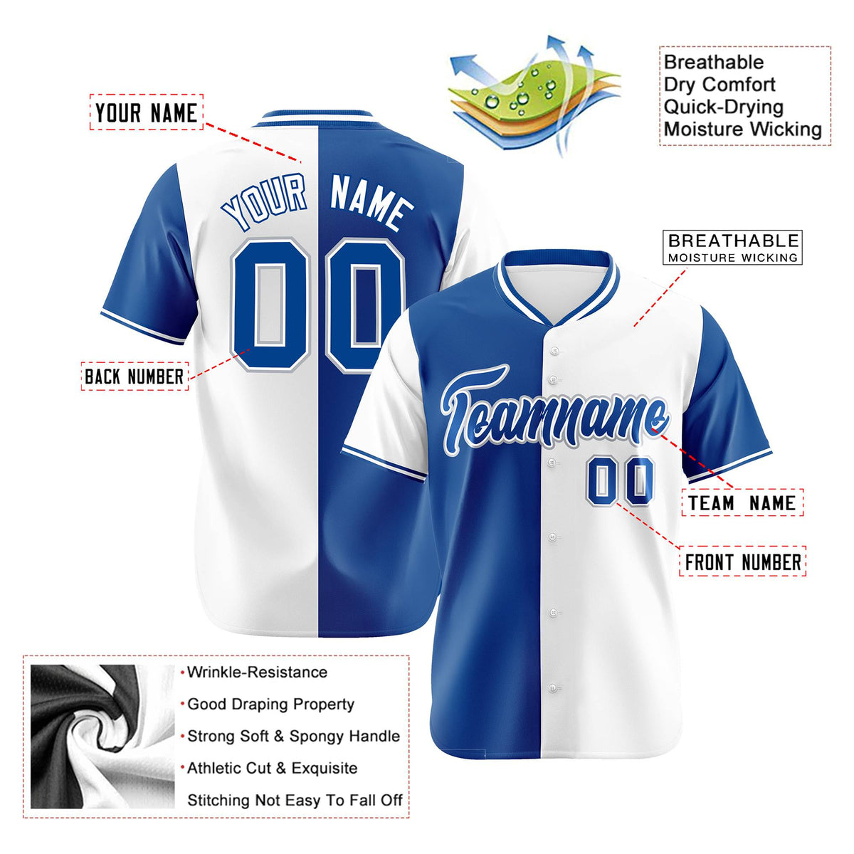 Custom Royal Blue White Authentic Split Fashion Baseball Jersey