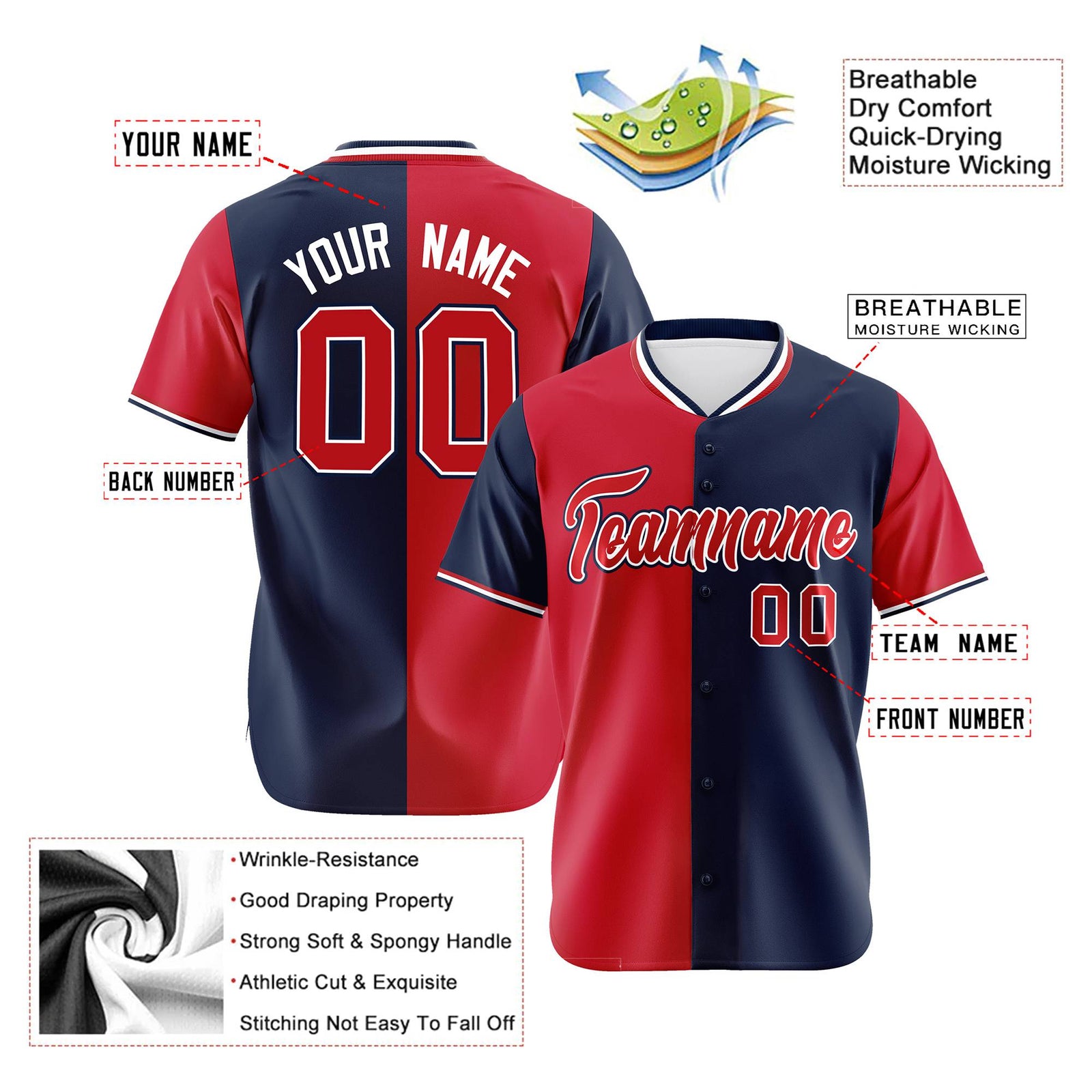 Custom Red Navy Authentic Split Fashion Baseball Jersey