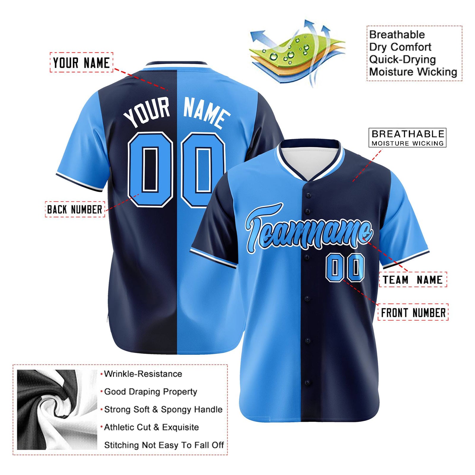 Custom Powder Blue Navy Authentic Split Fashion Baseball Jersey