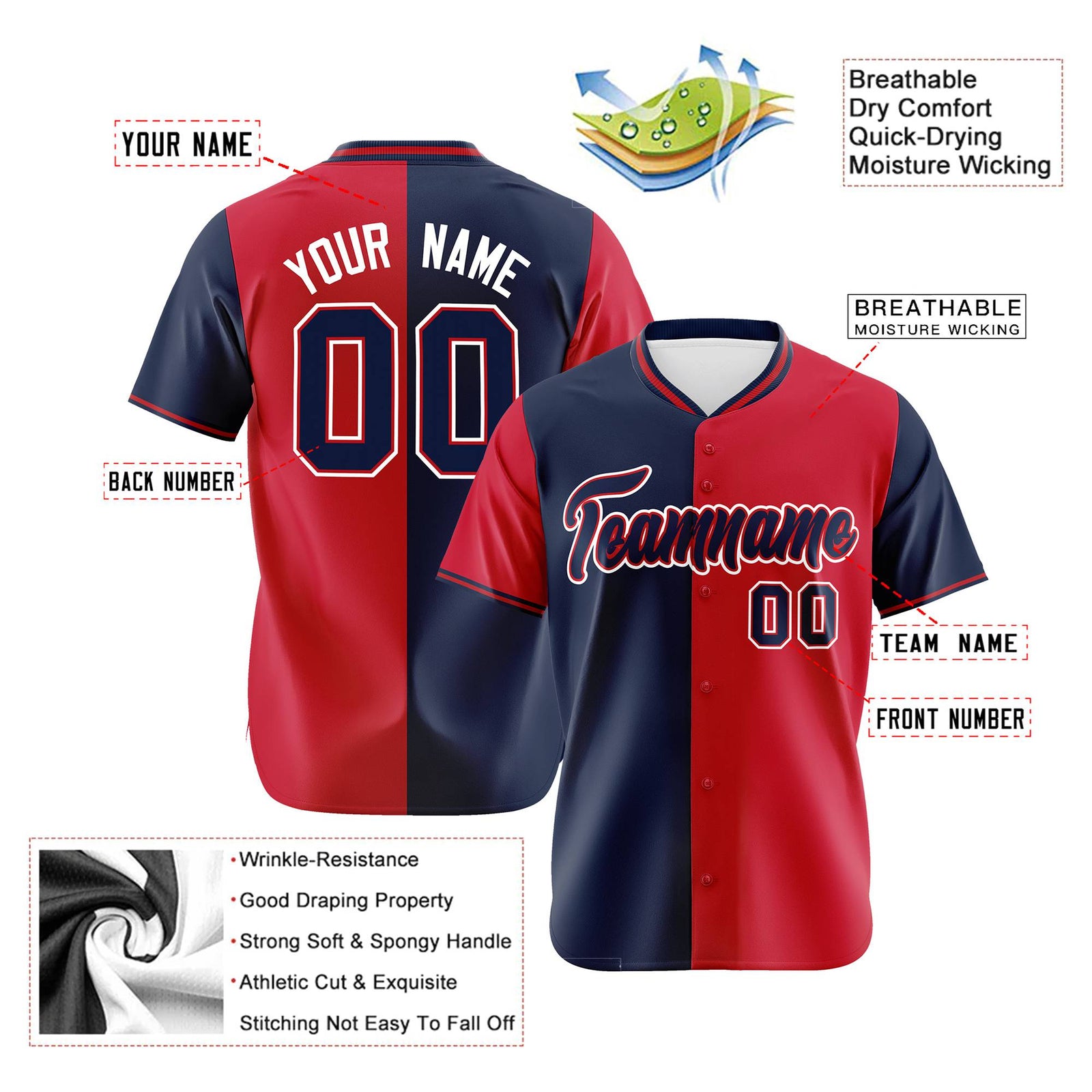 Custom Navy Red Authentic Split Fashion Baseball Jersey
