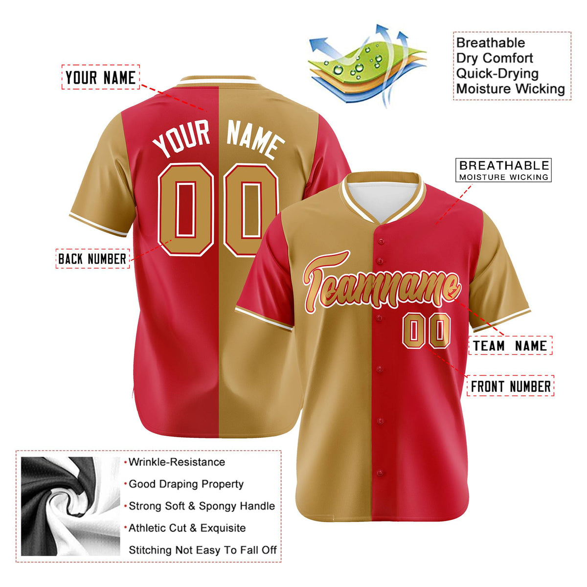 Custom Old Gold Red Authentic Split Fashion Baseball Jersey