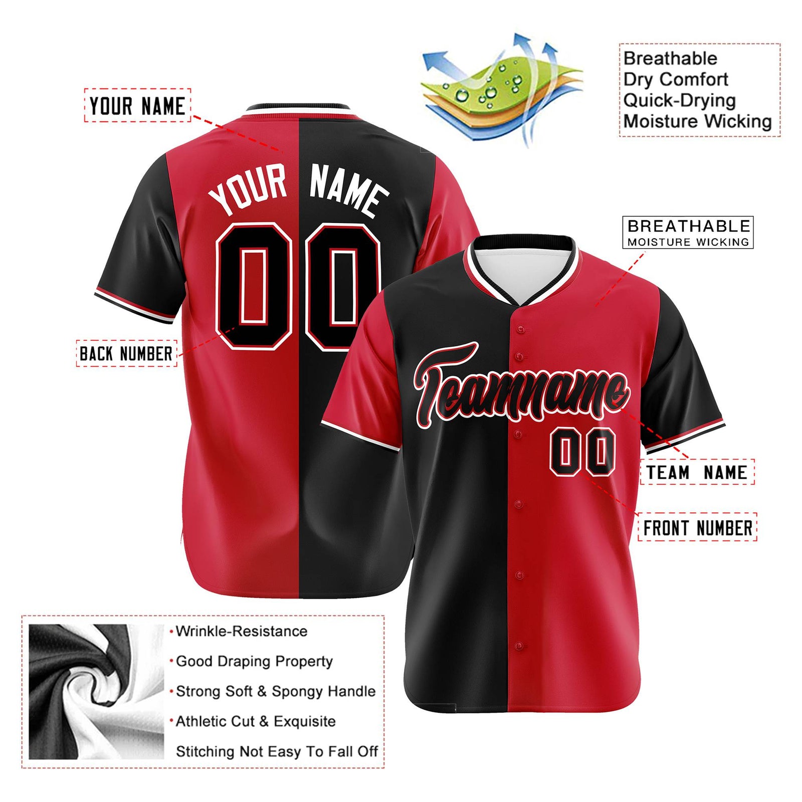 Custom Black Red Authentic Split Fashion Baseball Jersey