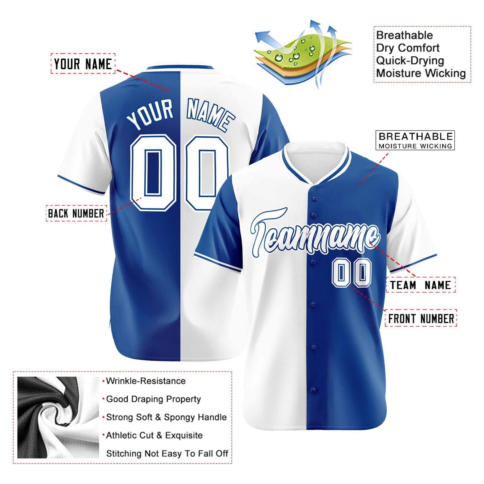 Custom White Royal Blue Authentic Split Fashion Baseball Jersey
