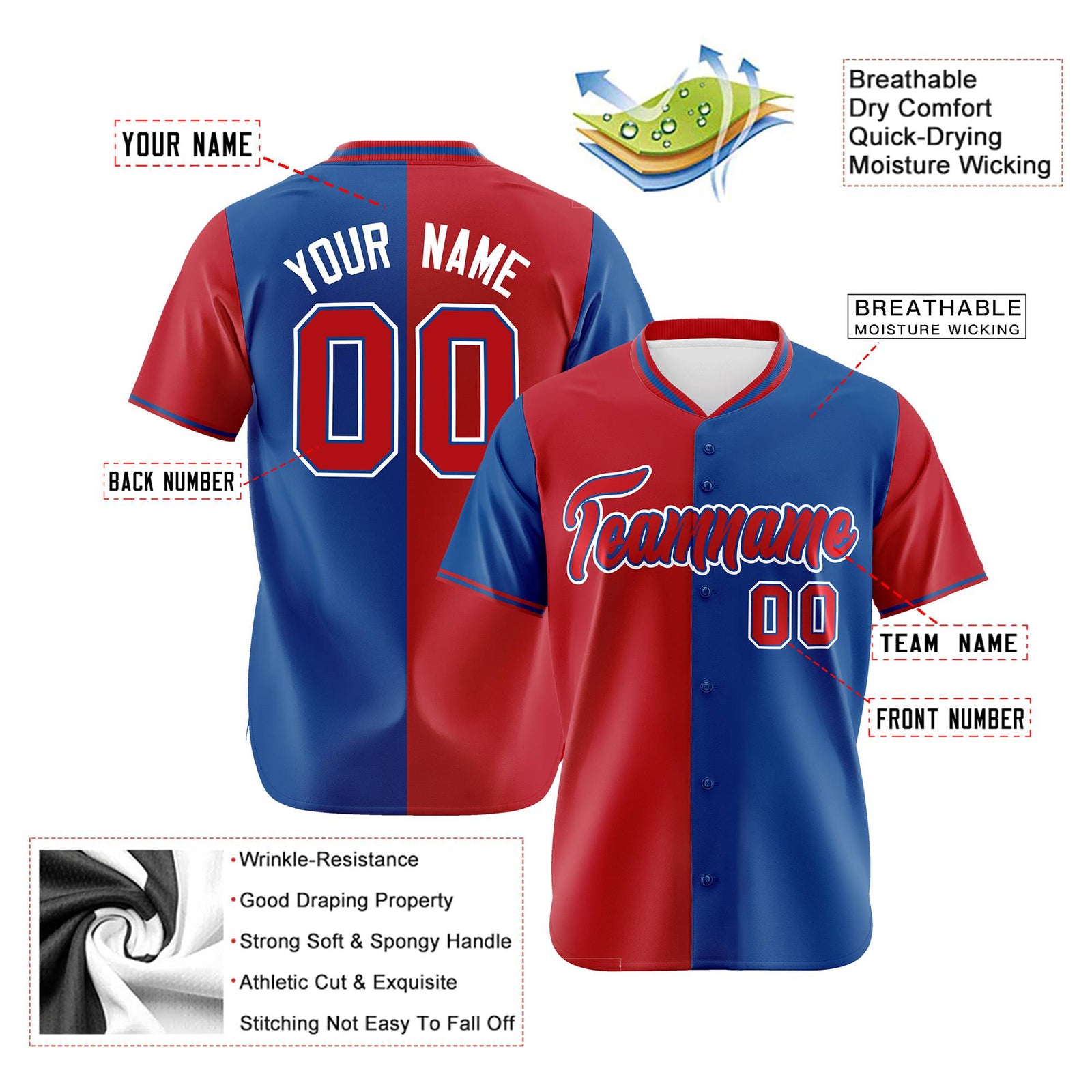 Custom Red Royal Blue Authentic Split Fashion Baseball Jersey