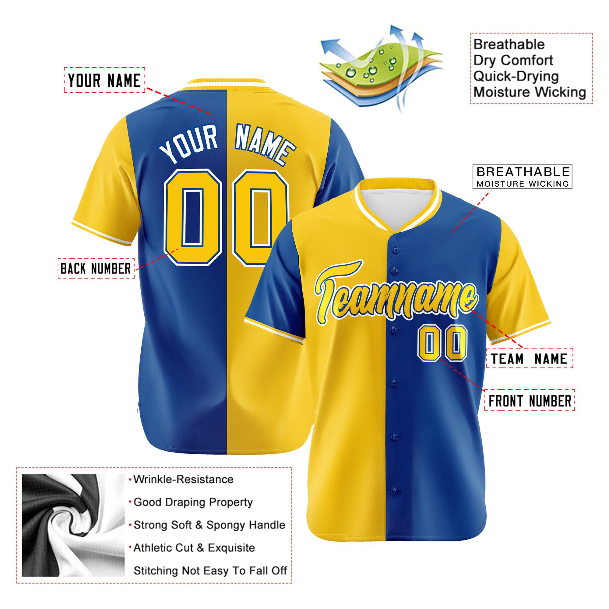 Custom Yellow Royal Blue Authentic Split Fashion Baseball Jersey