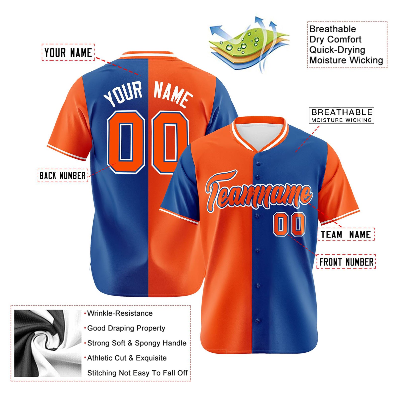 Custom Orange Royal Blue Authentic Split Fashion Baseball Jersey