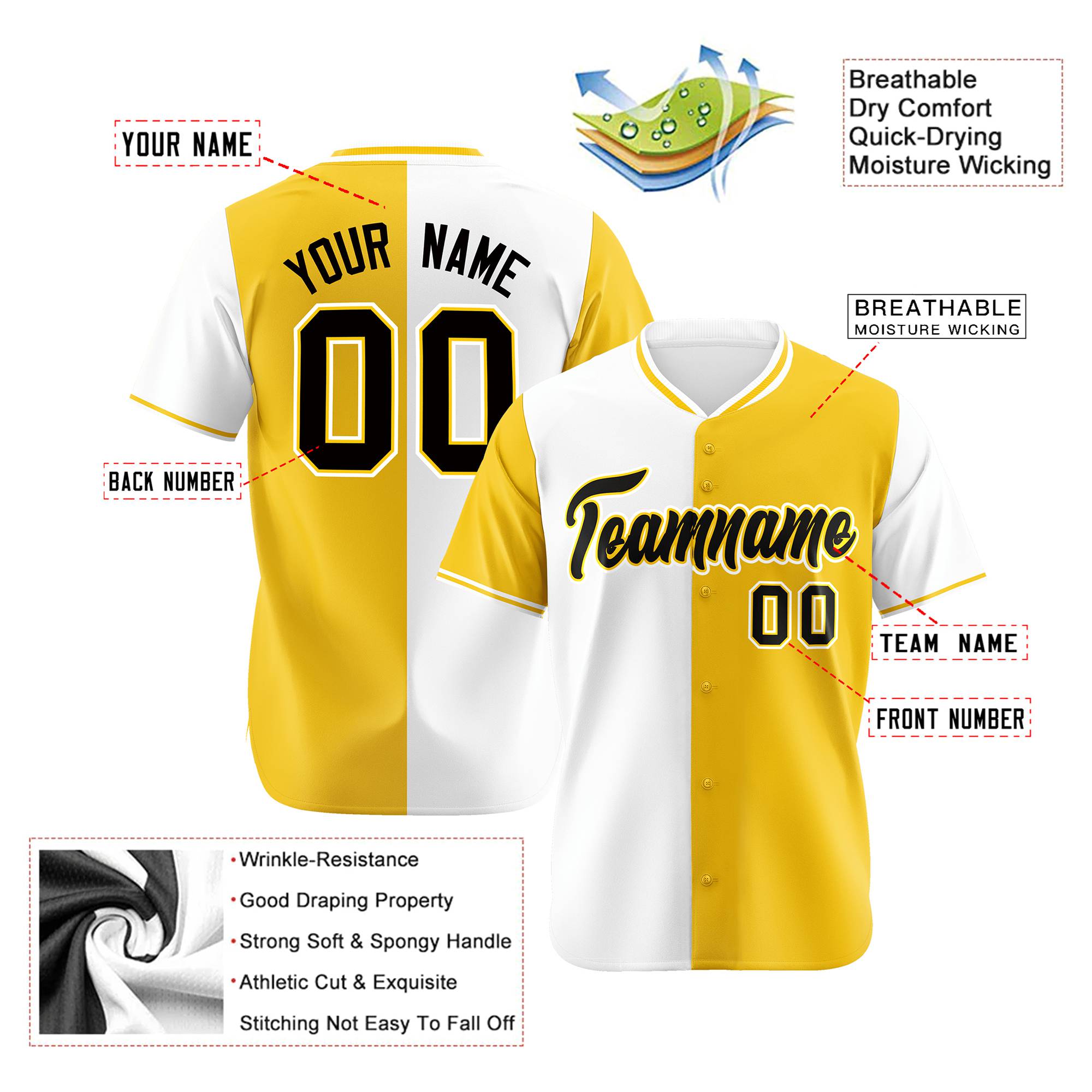 Custom White Gold Authentic Split Fashion Baseball Jersey