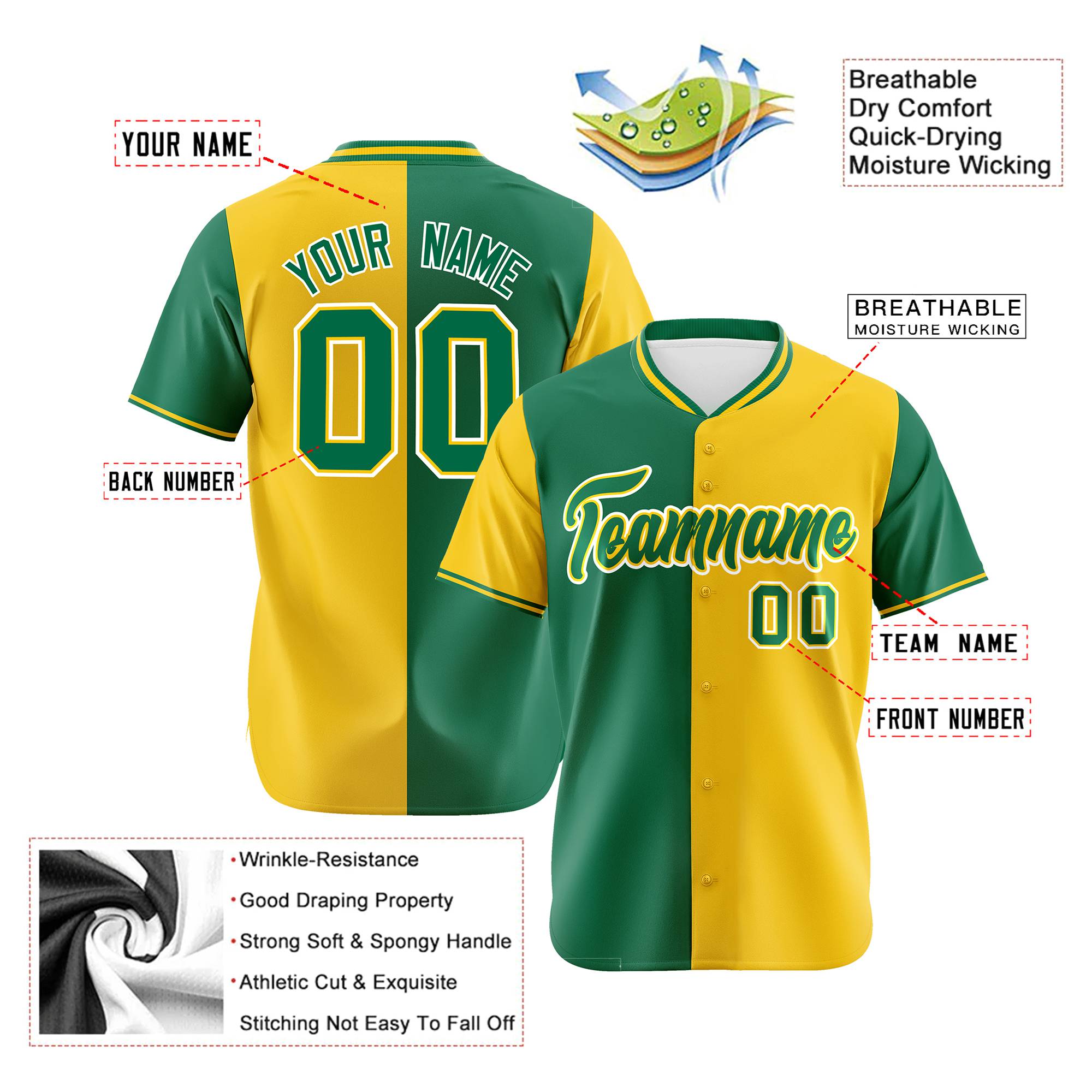 Custom Kelly Green Gold Authentic Split Fashion Baseball Jersey