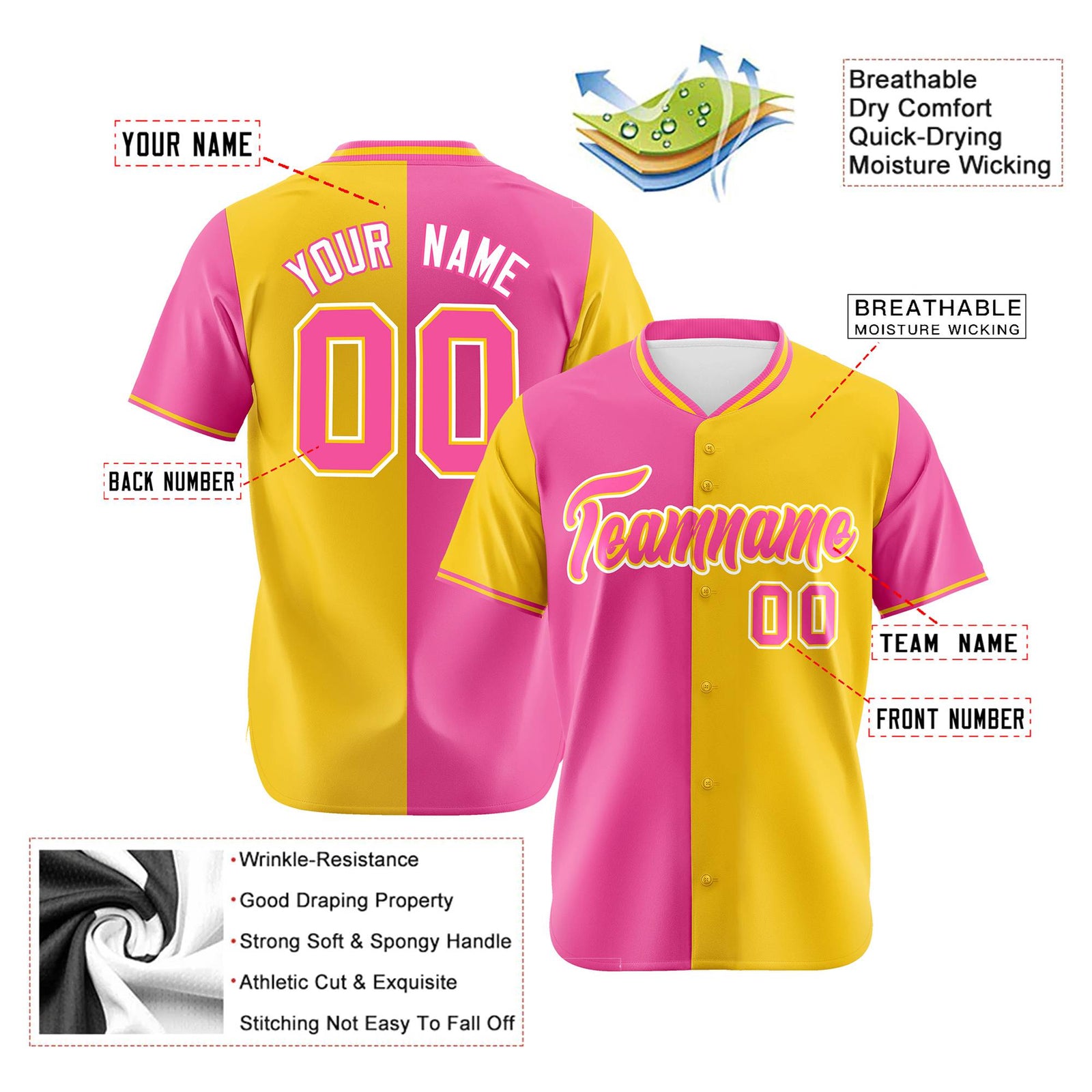 Custom Pink Gold Authentic Split Fashion Baseball Jersey