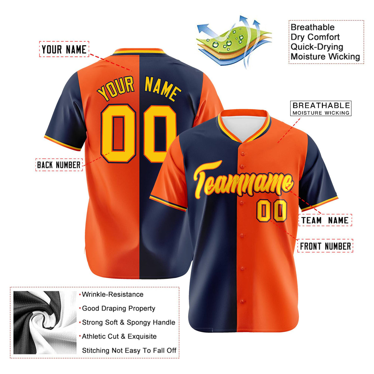 Custom Navy Orange Authentic Split Fashion Baseball Jersey