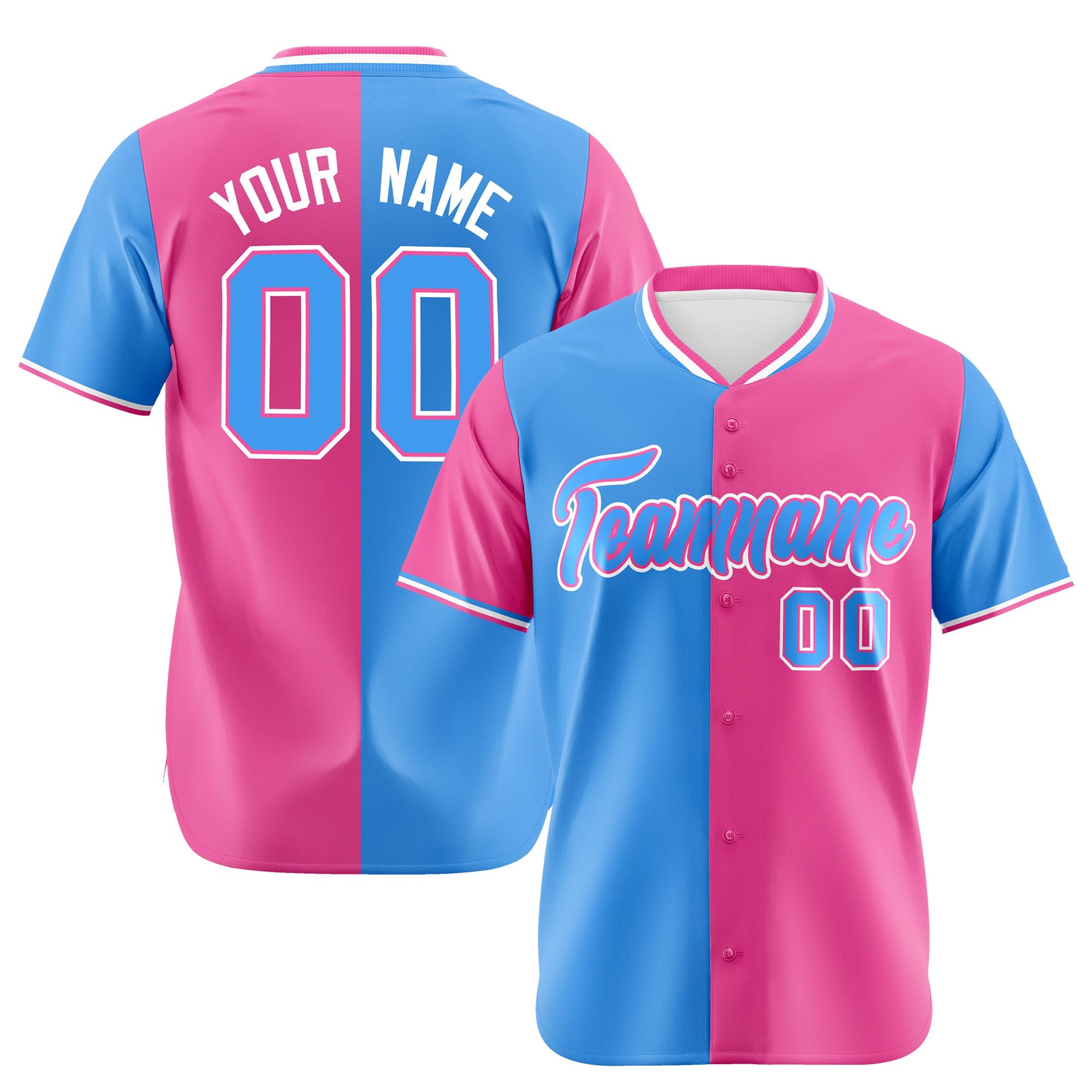 Custom Powder Blue Pink Authentic Split Fashion Baseball Jersey