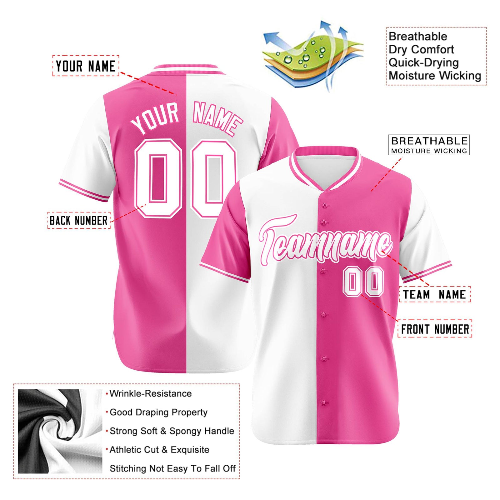 Custom White Pink Authentic Split Fashion Baseball Jersey