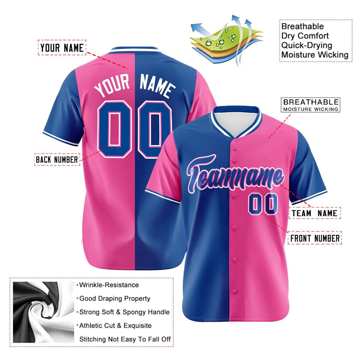 Custom Royal Blue Pink Authentic Split Fashion Baseball Jersey