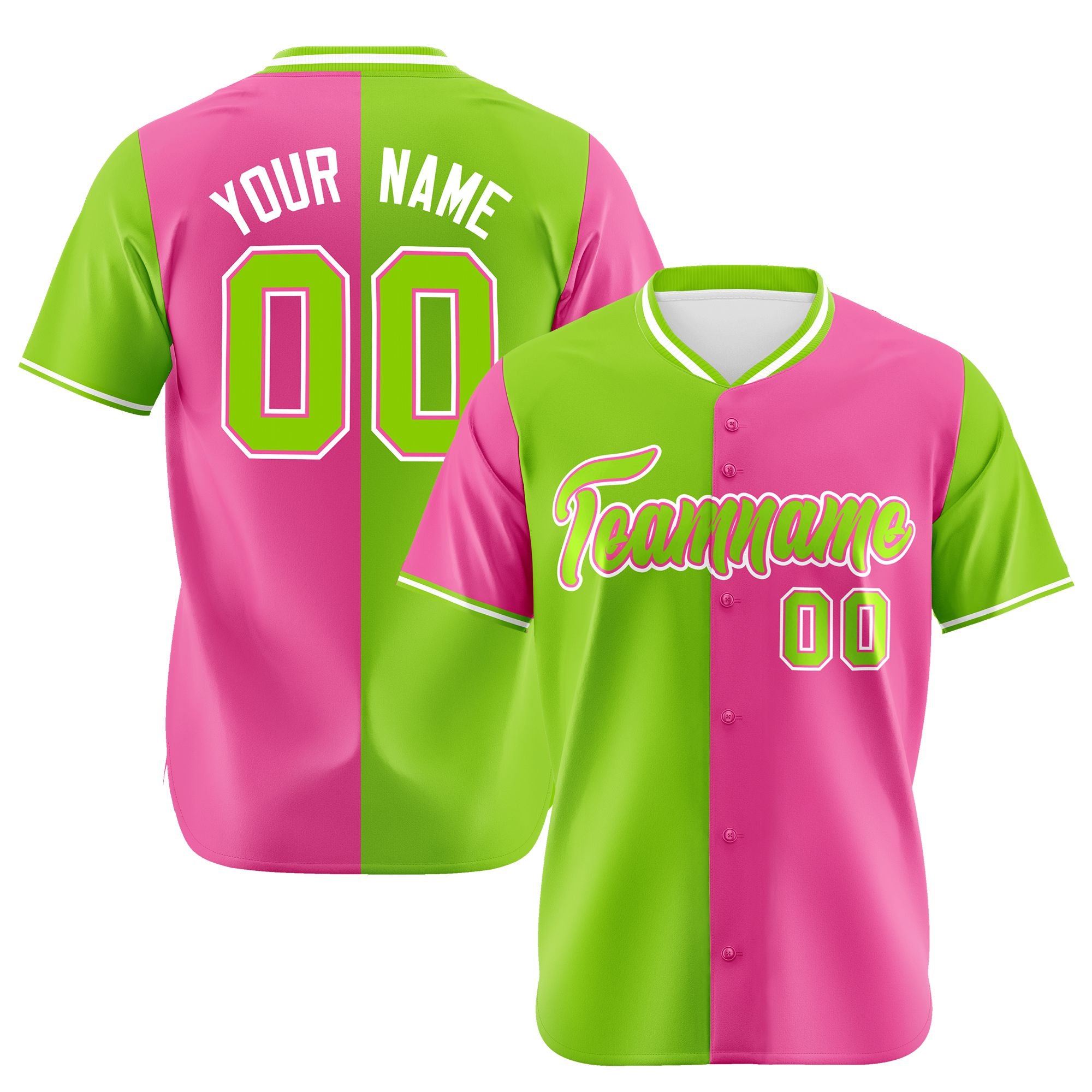 Custom Neon Green Pink Authentic Split Fashion Baseball Jersey