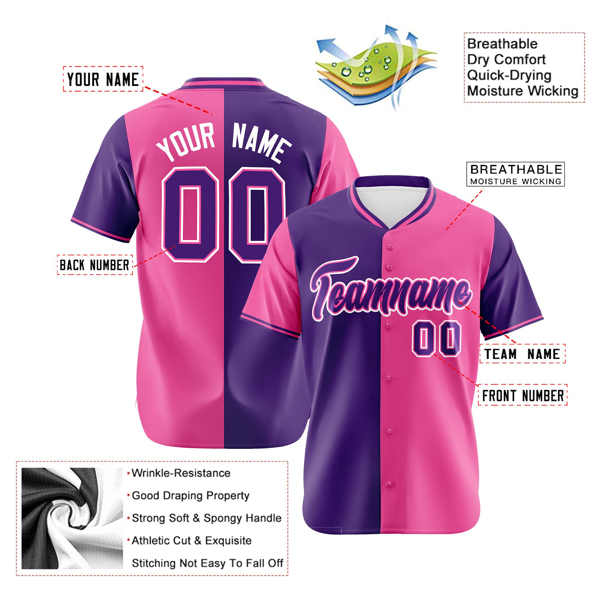 Custom Purple Pink Authentic Split Fashion Baseball Jersey