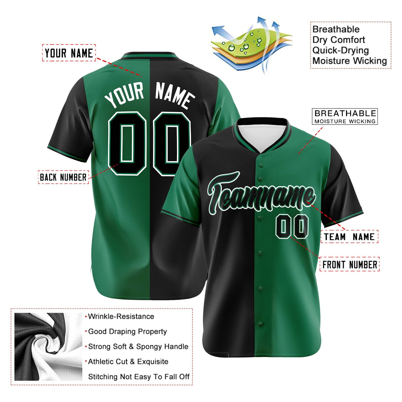 Custom Black Kelly Green Authentic Split Fashion Baseball Jersey