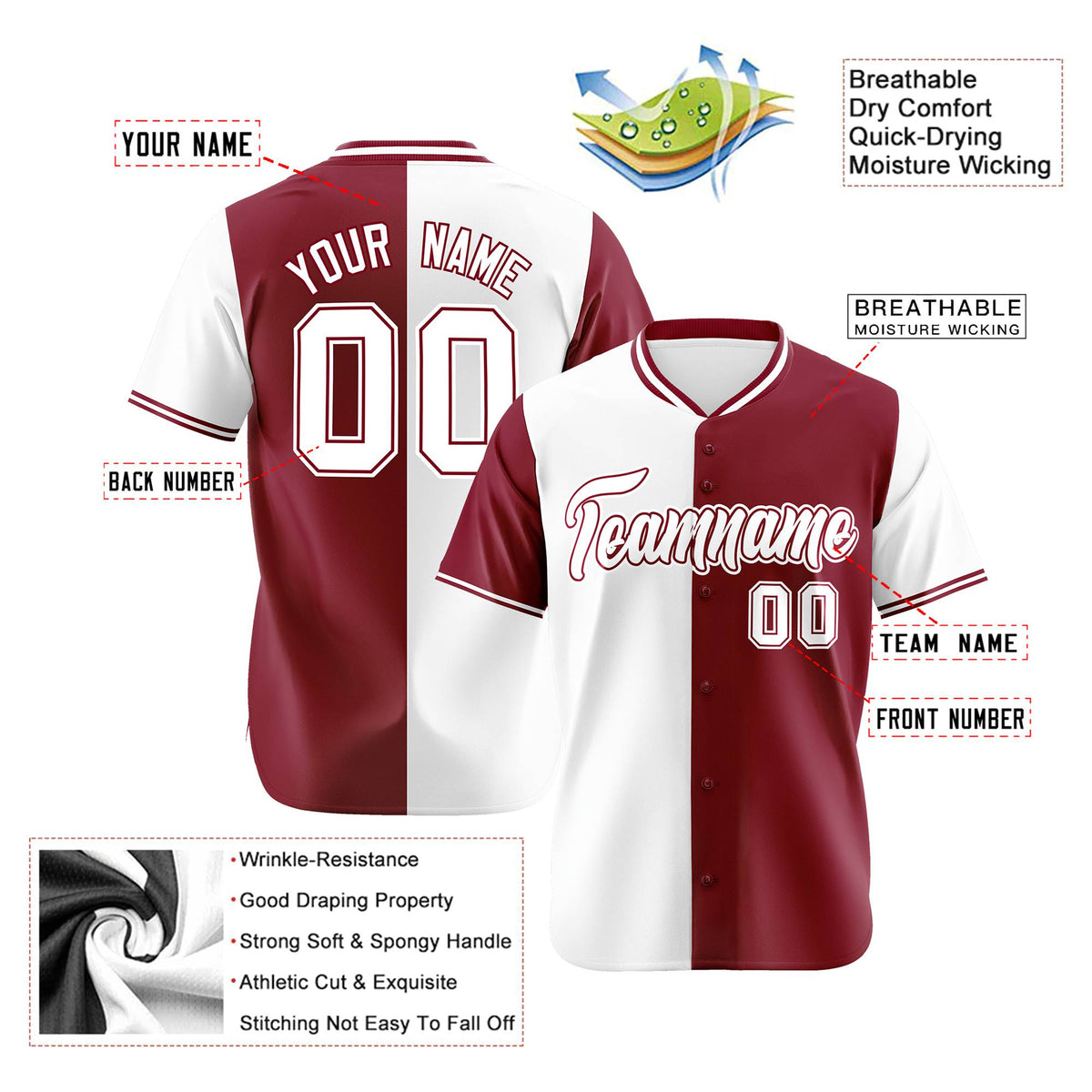 Custom White Crimson Authentic Split Fashion Baseball Jersey