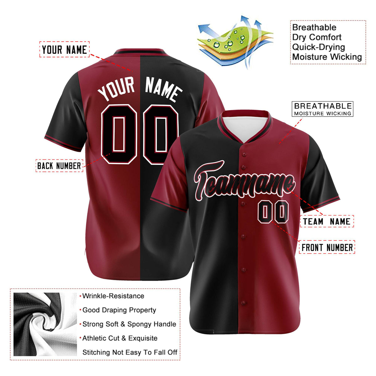 Custom Black Crimson Authentic Split Fashion Baseball Jersey