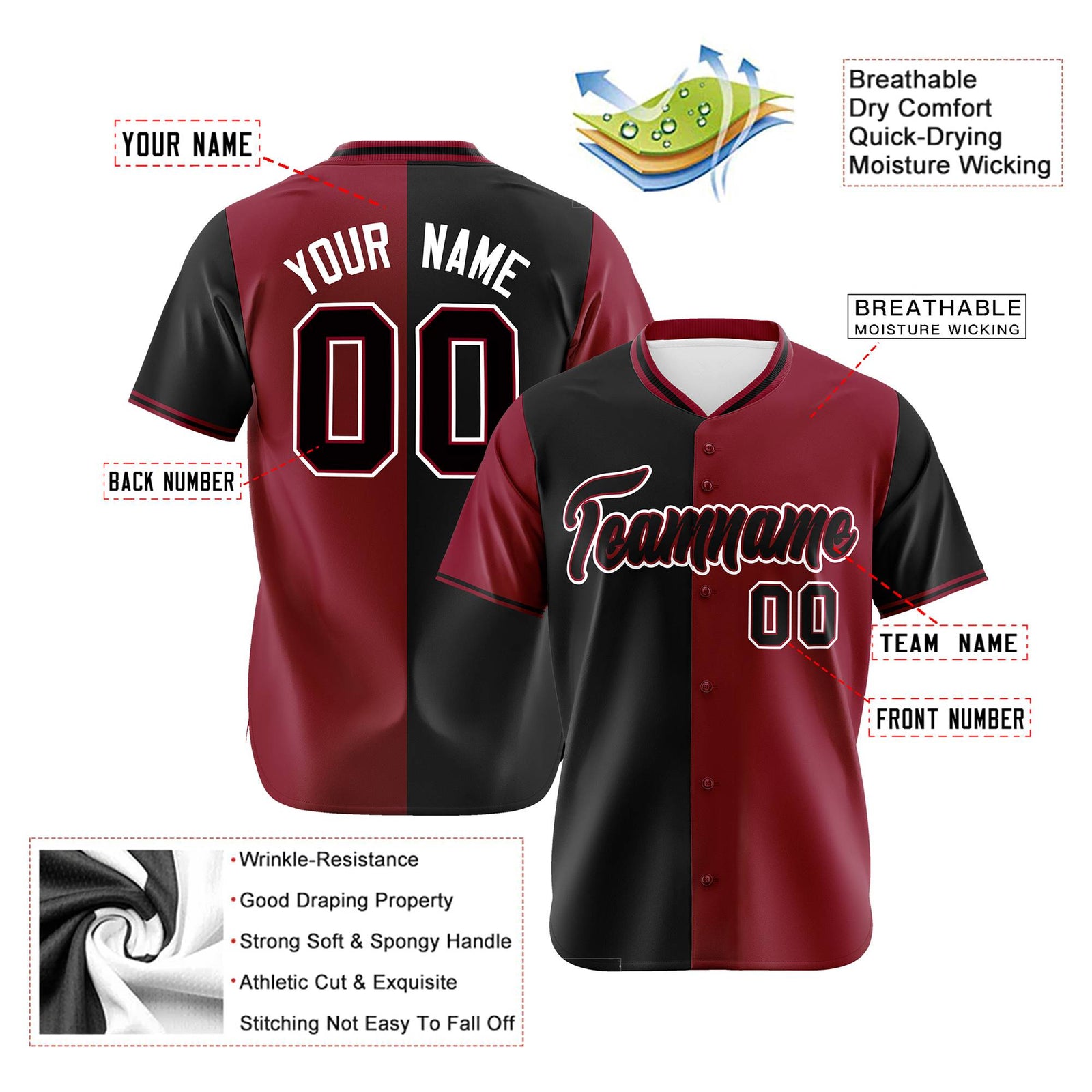 Custom Black Crimson Authentic Split Fashion Baseball Jersey