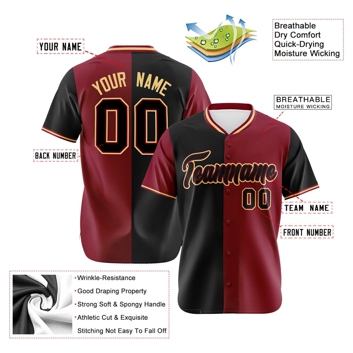 Custom Black Crimson Authentic Split Fashion Baseball Jersey