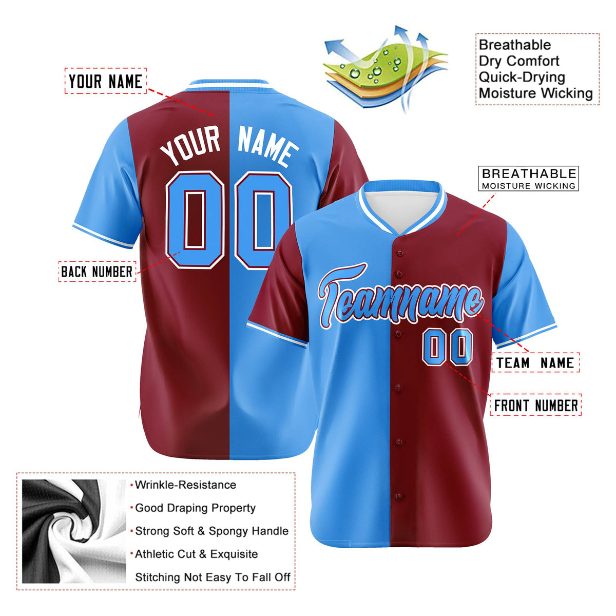Custom Powder Blue Crimson Authentic Split Fashion Baseball Jersey