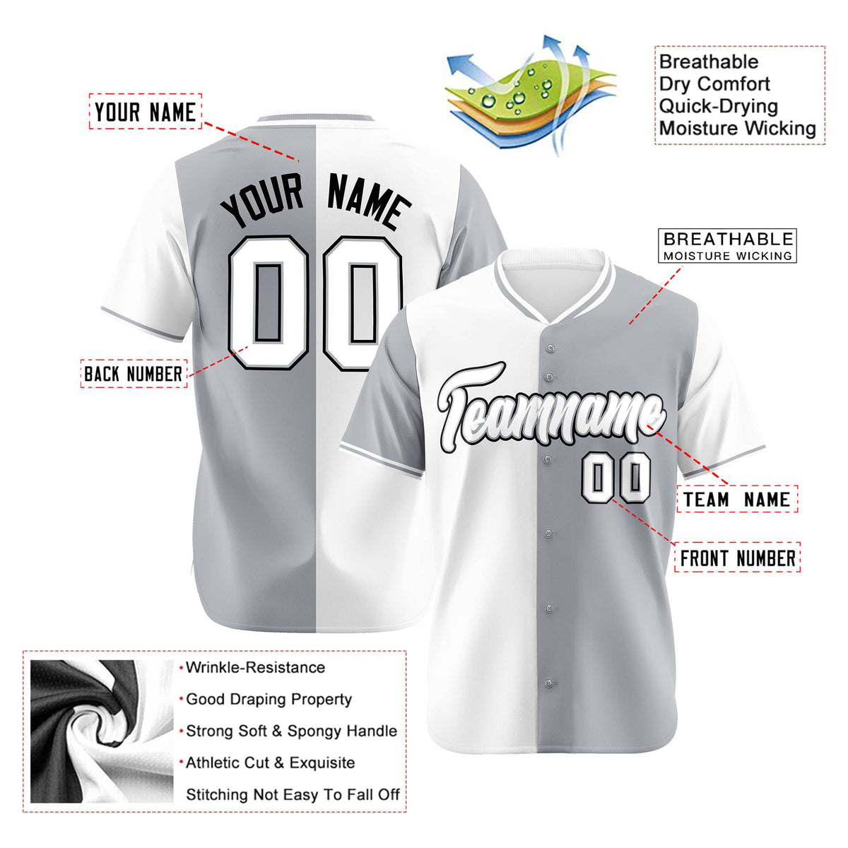 Custom White Gray Authentic Split Fashion Baseball Jersey