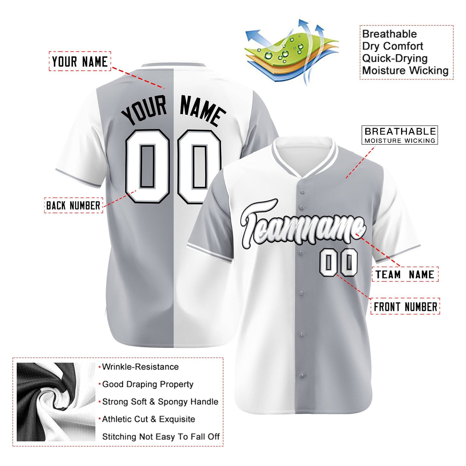 Custom White Gray Authentic Split Fashion Baseball Jersey