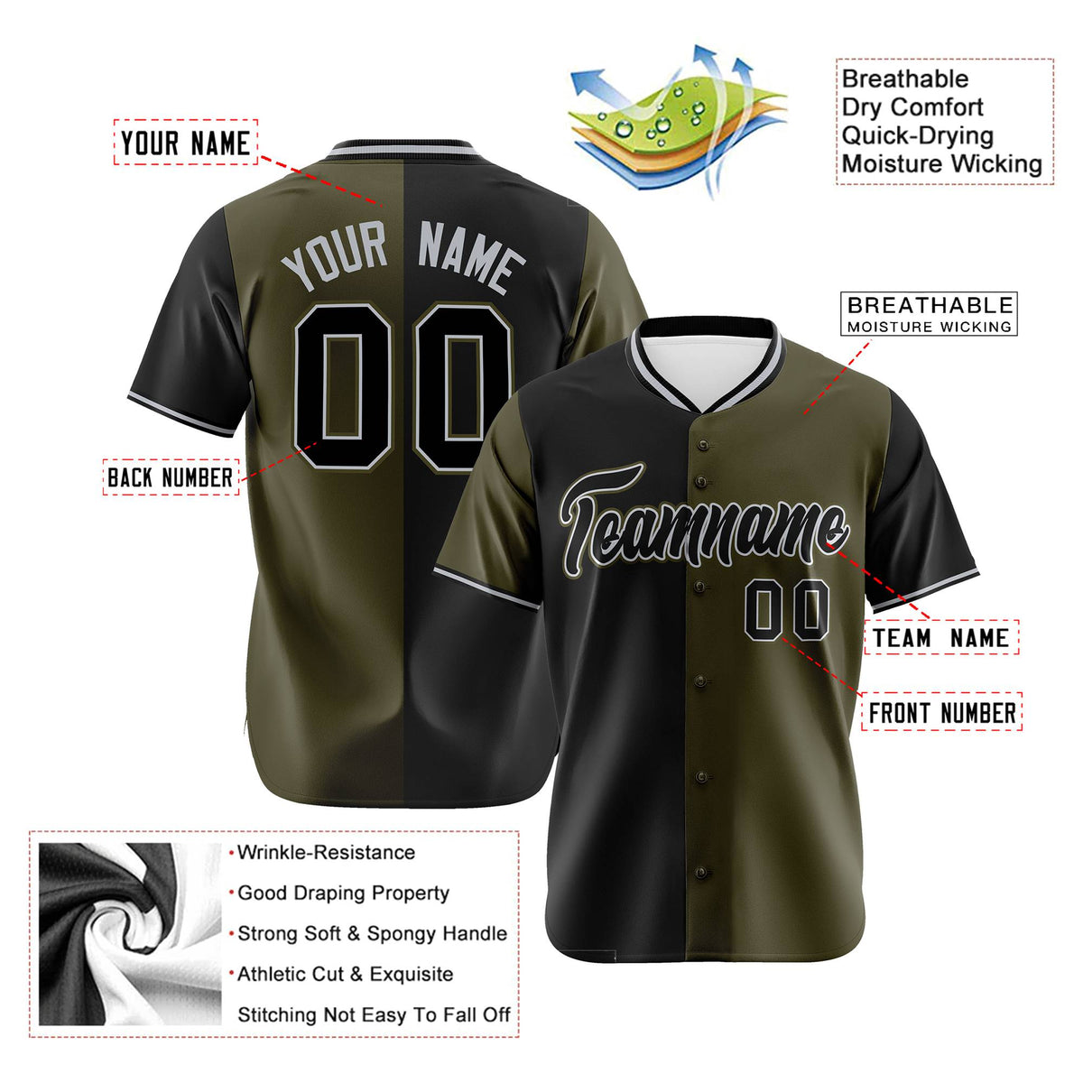 Custom Black Olive Authentic Split Fashion Baseball Jersey