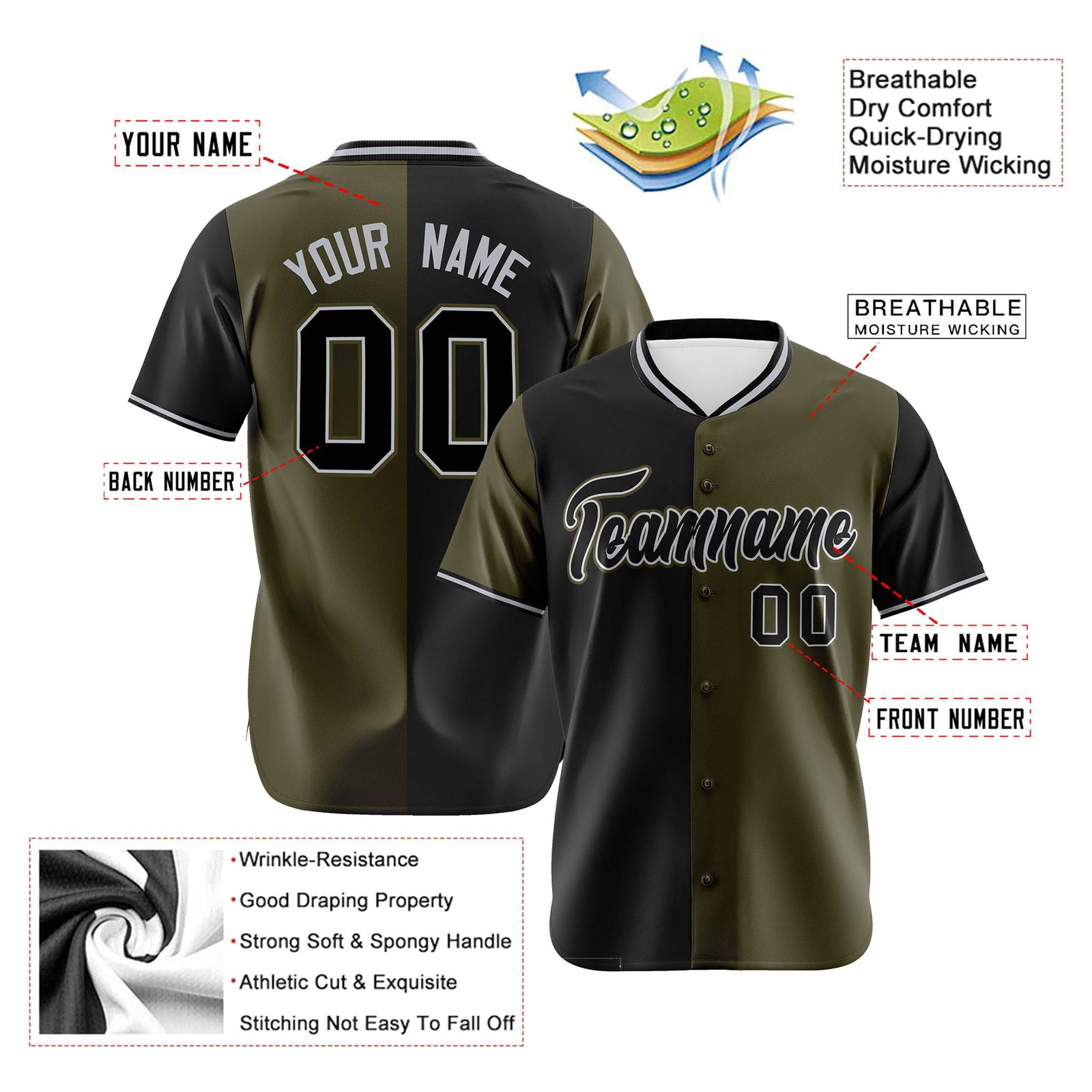 Custom Black Olive Authentic Split Fashion Baseball Jersey