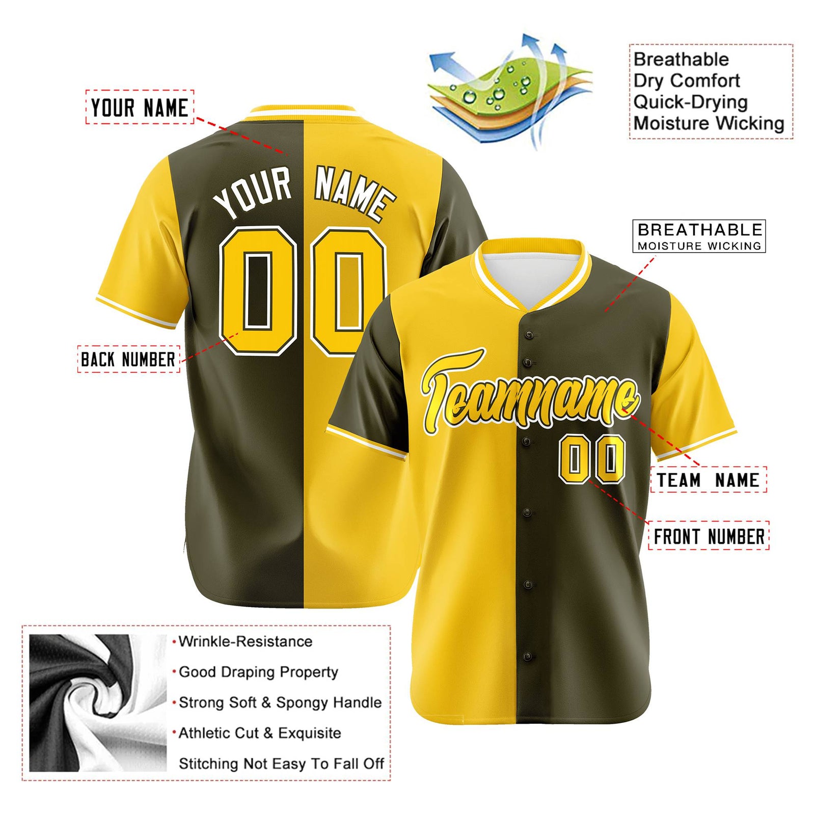 Custom Gold Olive Authentic Split Fashion Baseball Jersey
