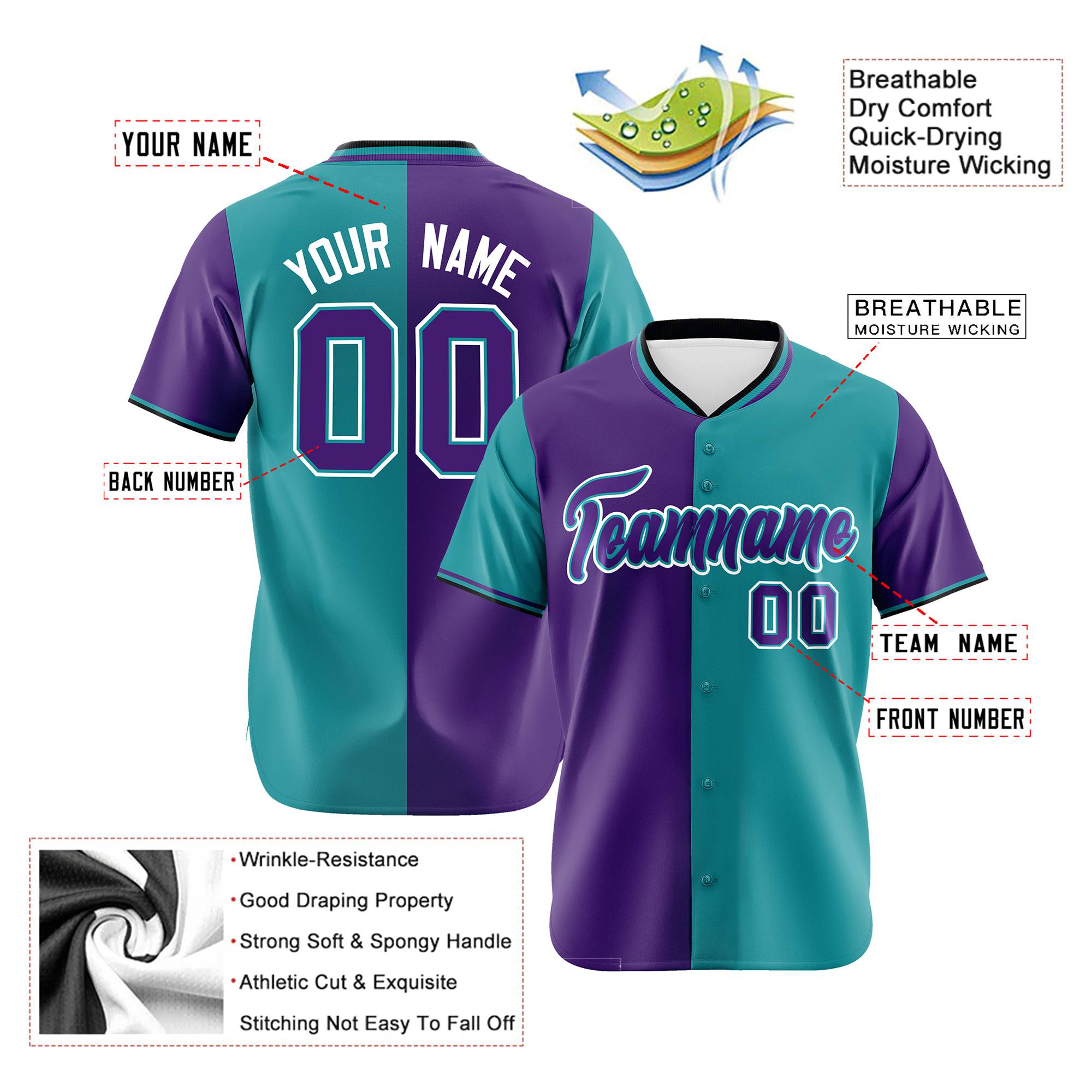 Custom Purple Aqua Authentic Split Fashion Baseball Jersey