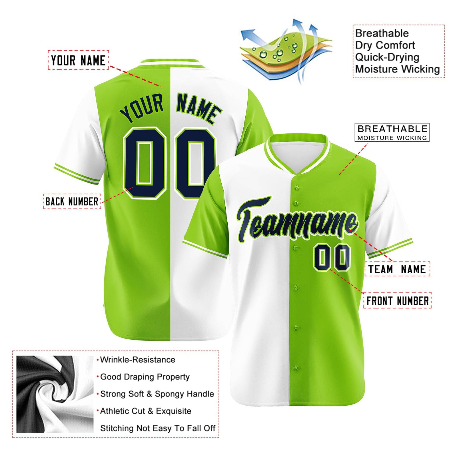 Custom White Neon Green Authentic Split Fashion Baseball Jersey