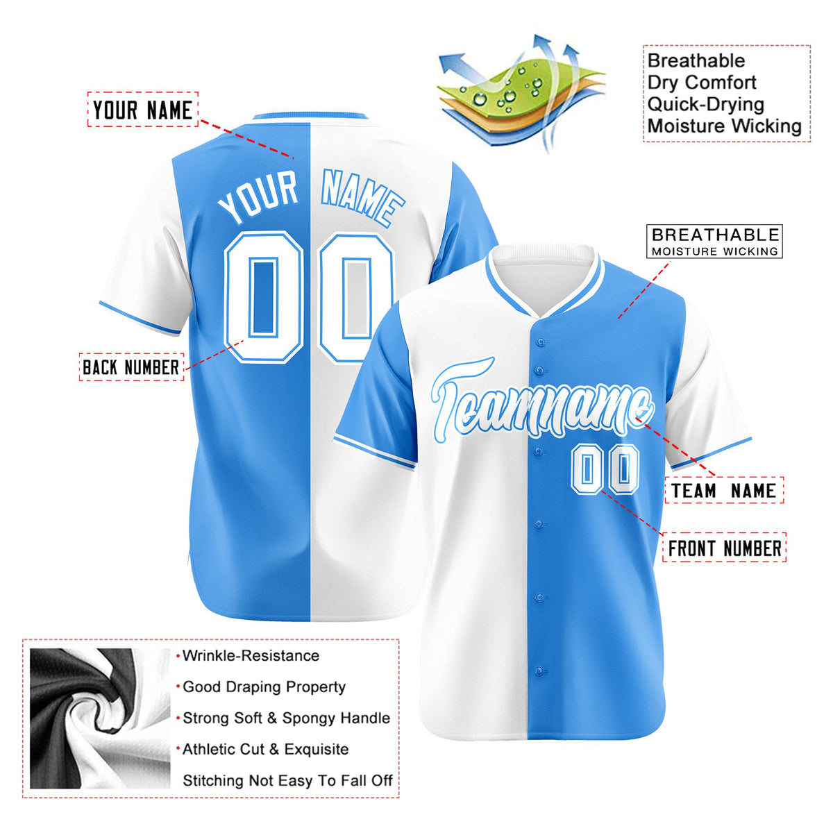 Custom White Powder Blue Authentic Split Fashion Baseball Jersey