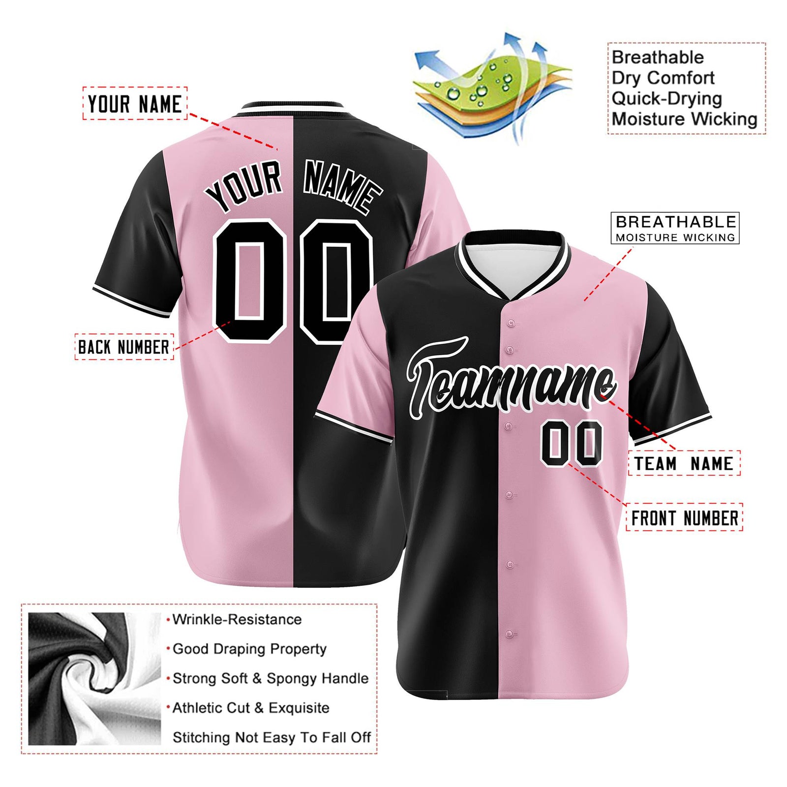 Custom Black Light Pink Authentic Split Fashion Baseball Jersey