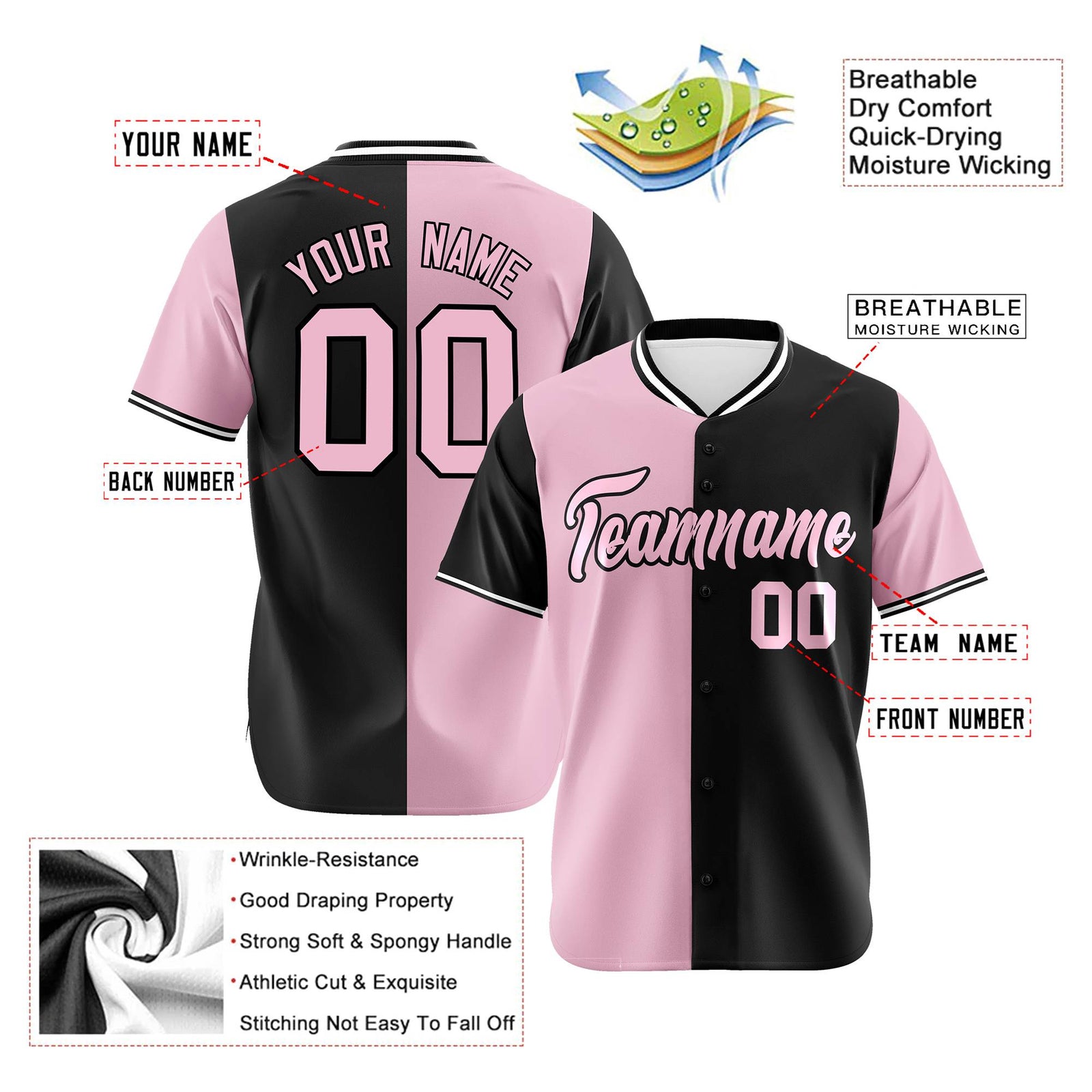Custom Light Pink Black Authentic Split Fashion Baseball Jersey