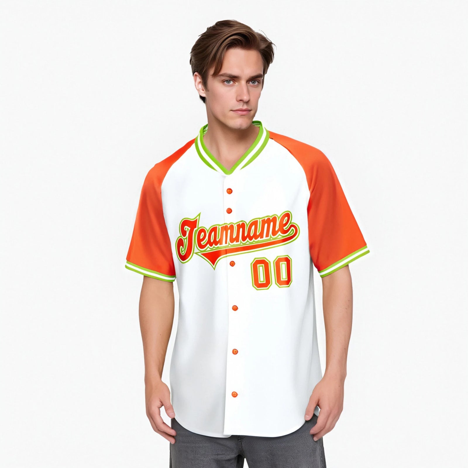 Custom White Orange Neon Green Authentic Colored Buttons Baseball Jersey