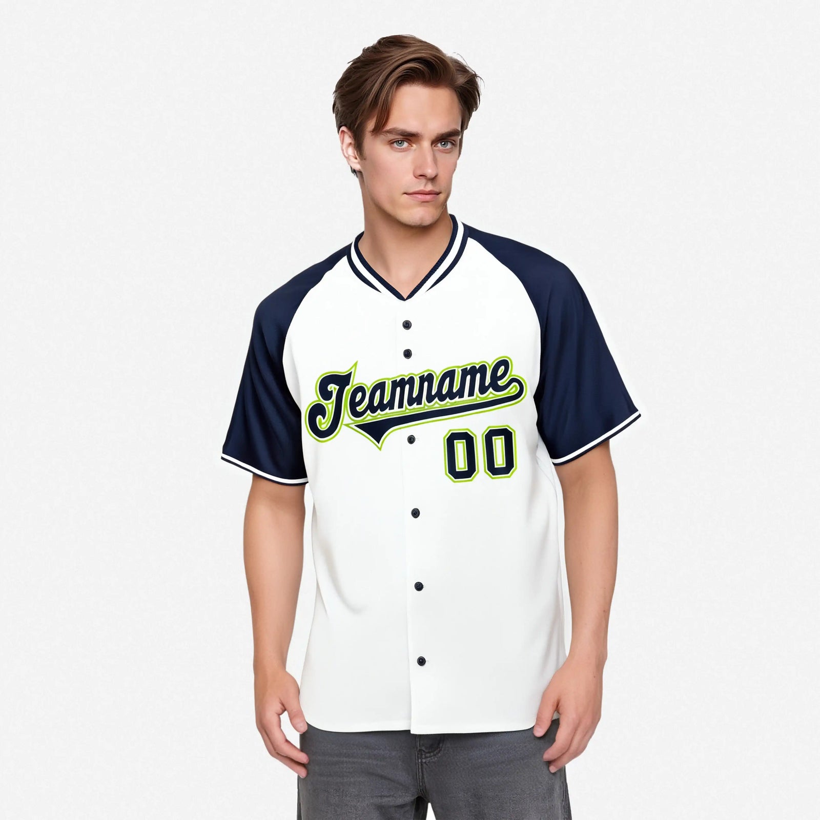 Custom White Navy Neon Green Authentic Colored Buttons Baseball Jersey