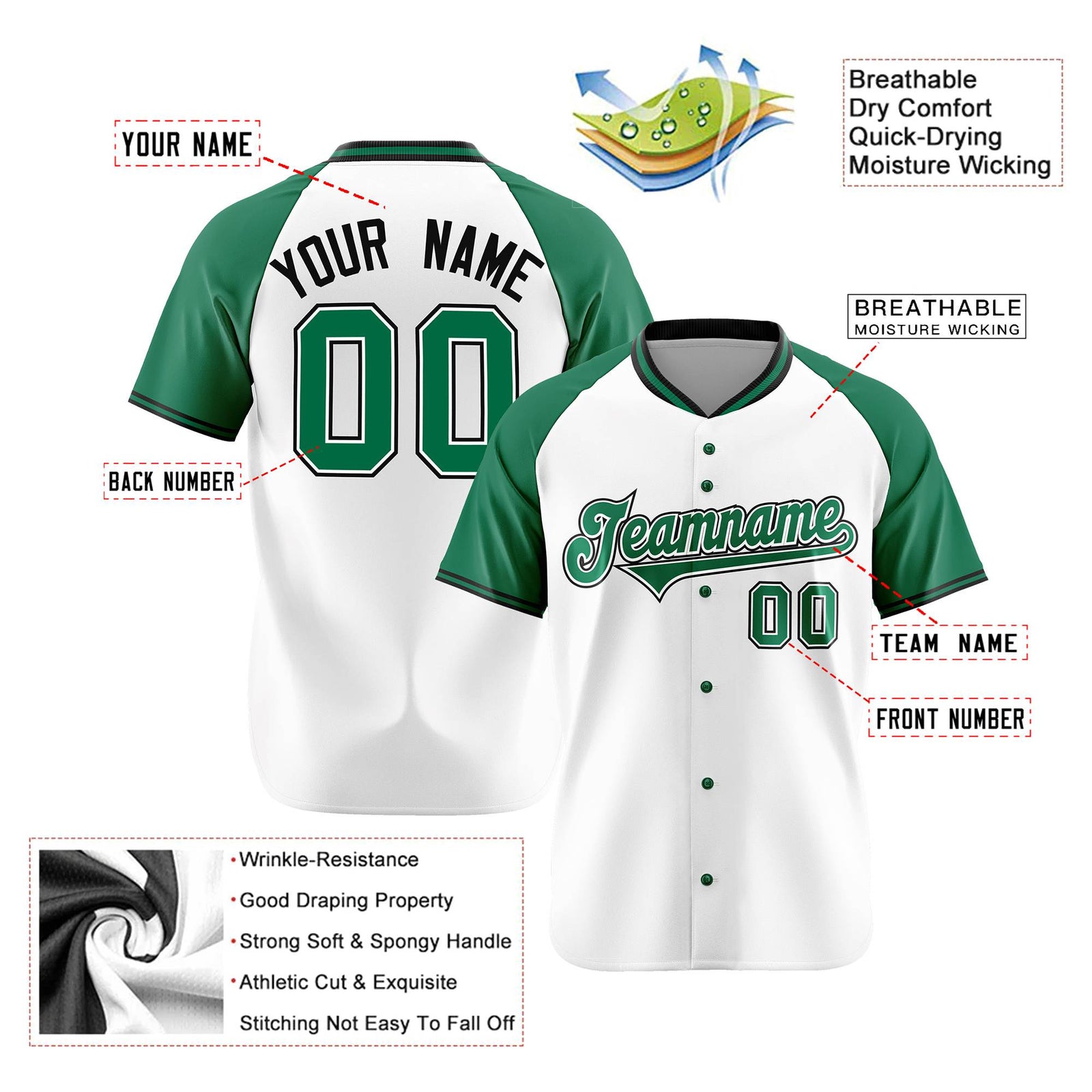 Custom White Kelly Green Black Authentic Colored Buttons Baseball Jersey