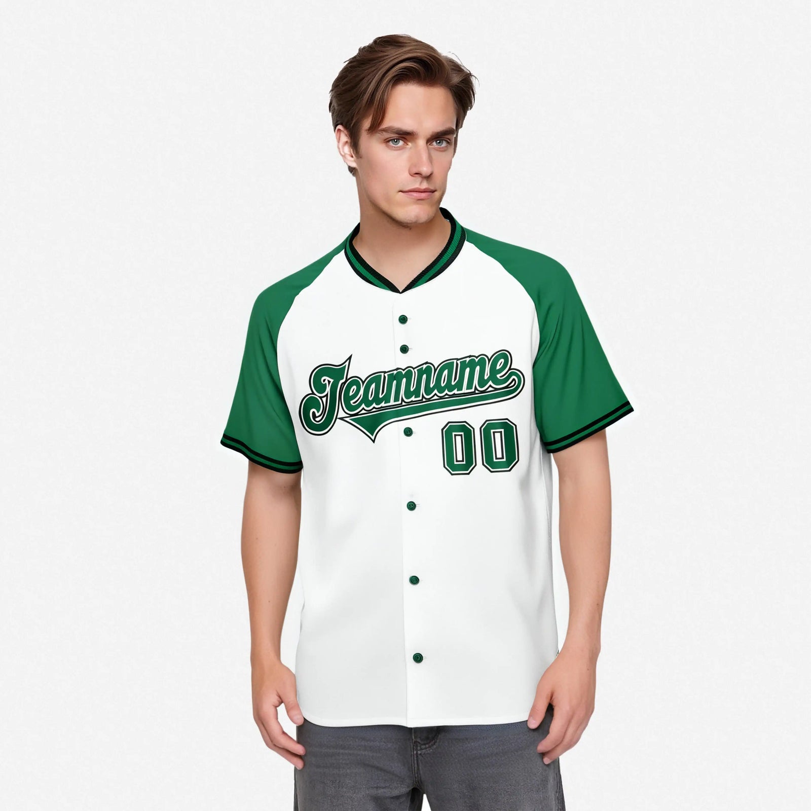 Custom White Kelly Green Black Authentic Colored Buttons Baseball Jersey