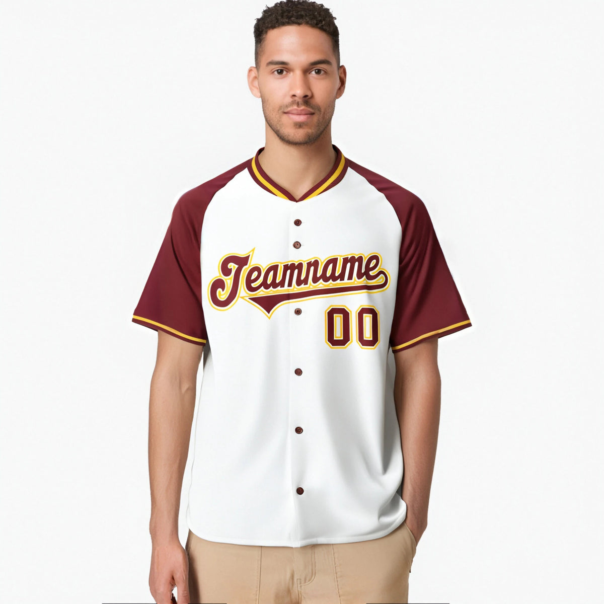 Custom White Burgundy Gold Authentic Colored Buttons Baseball Jersey